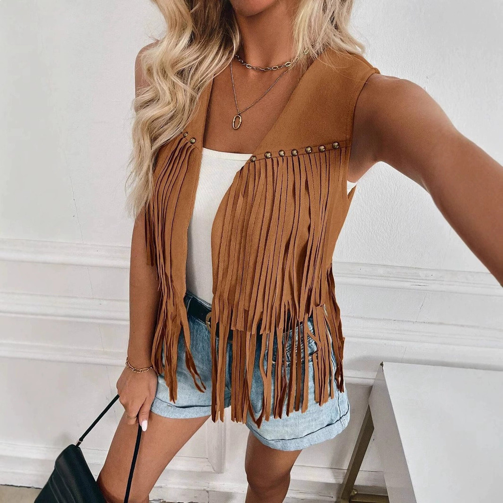 Forever 21 Women's Faux Suede Fringe Vest Hippie Rivets Sleeveless